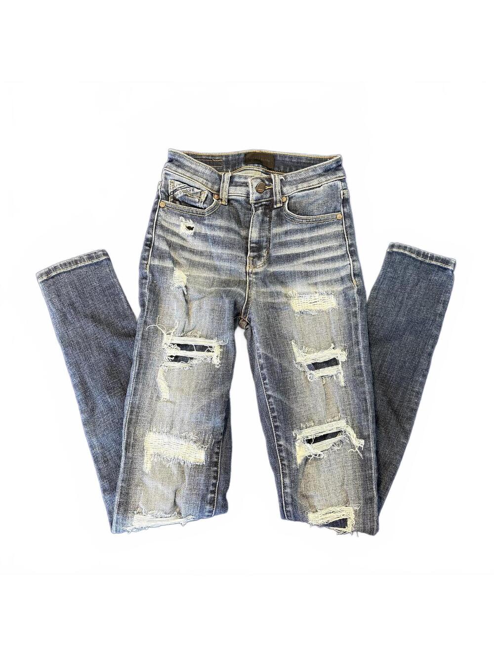 Distressed Buckle Black Blue Denim Jeans with Ripped Details